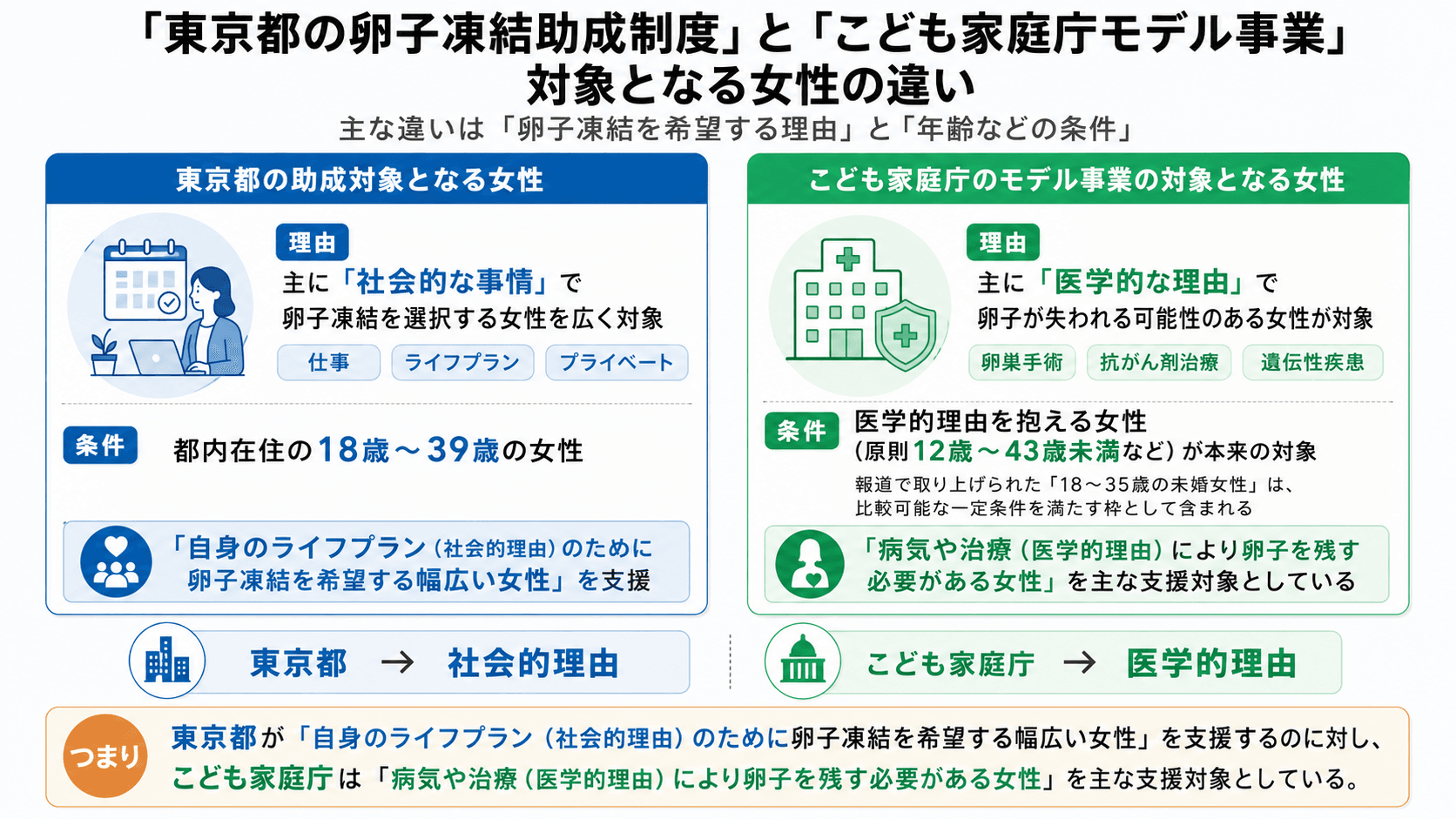 こども家庭庁と東京都の卵子凍結助成の違いを示す表