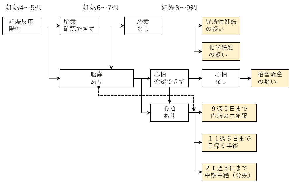 妊娠週数と胎嚢・心拍の有無によって、中絶方法の選択肢が分かれる流れを示す図