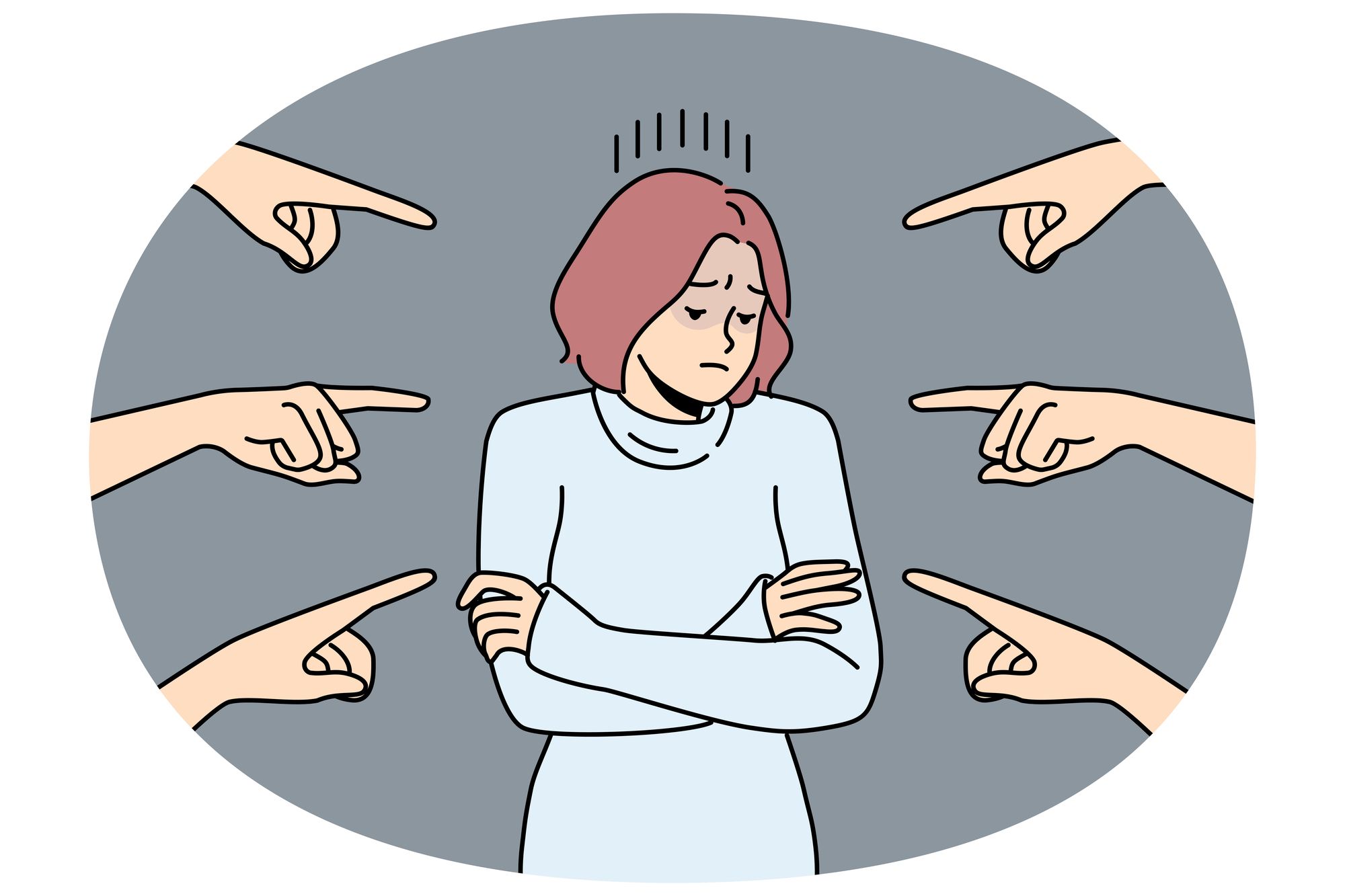 指をさされて追いつめられる女性のイラスト