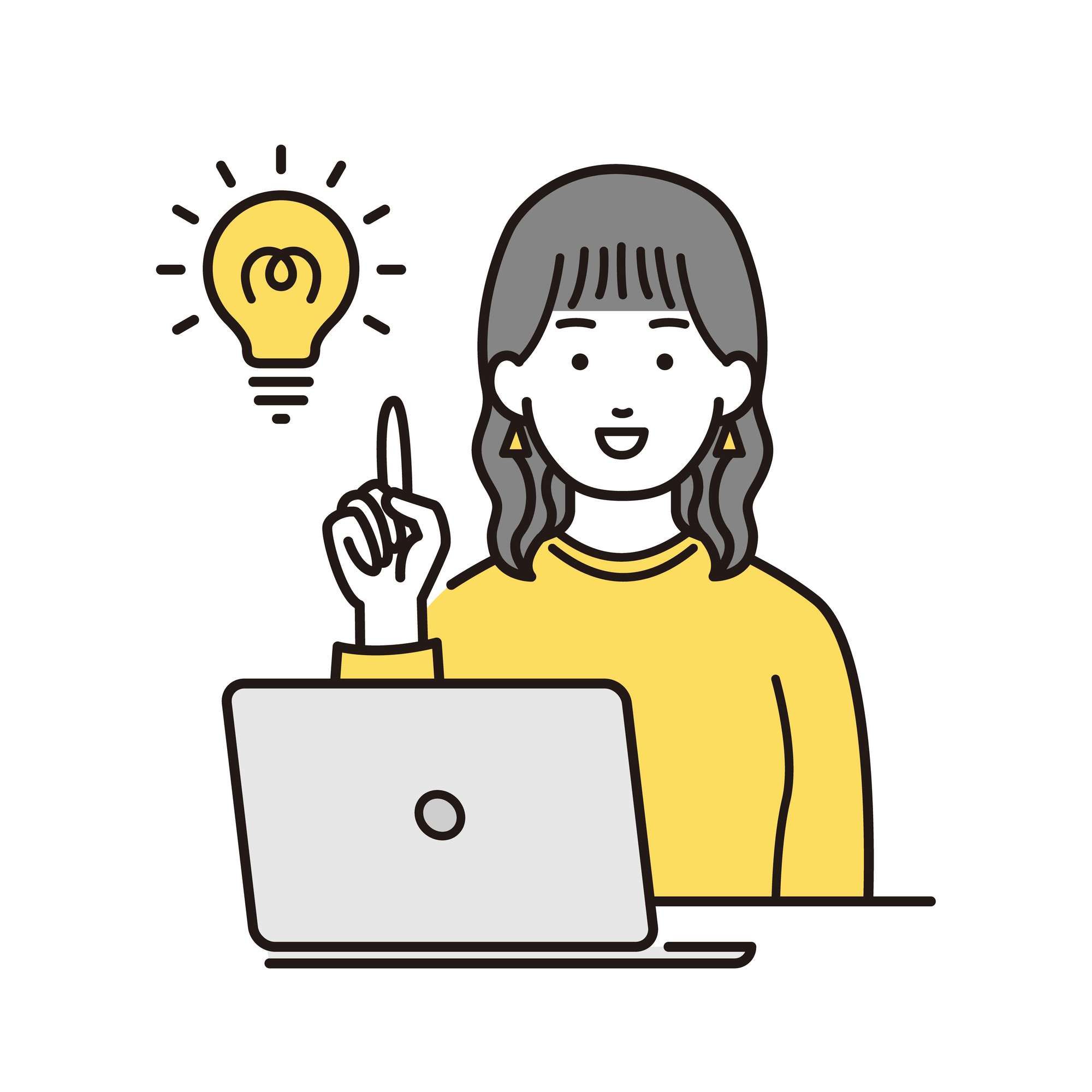 PCの前でひらめく女性のイラスト