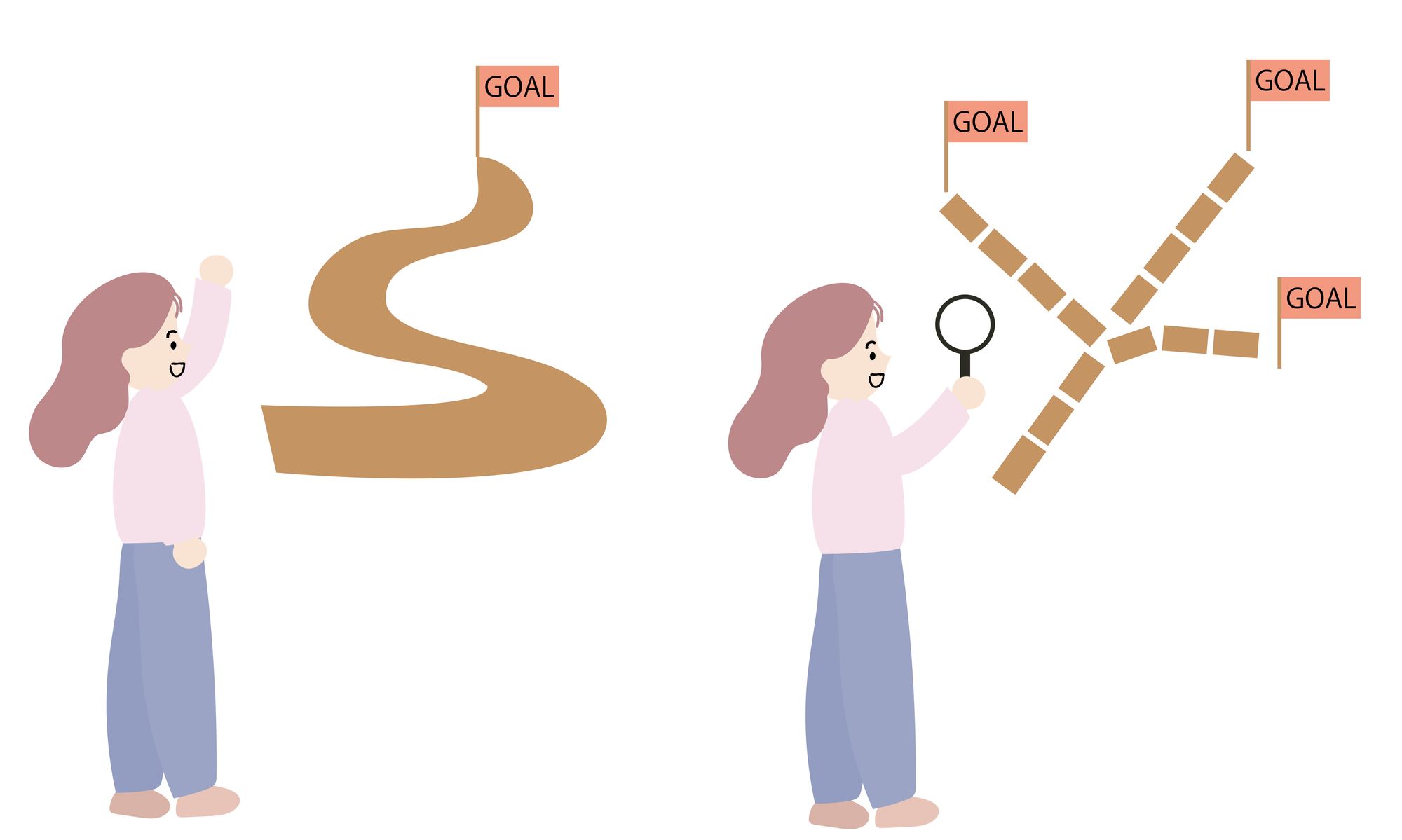 一本の道を行く女性と3つに分かれた道を行く女性のイラスト