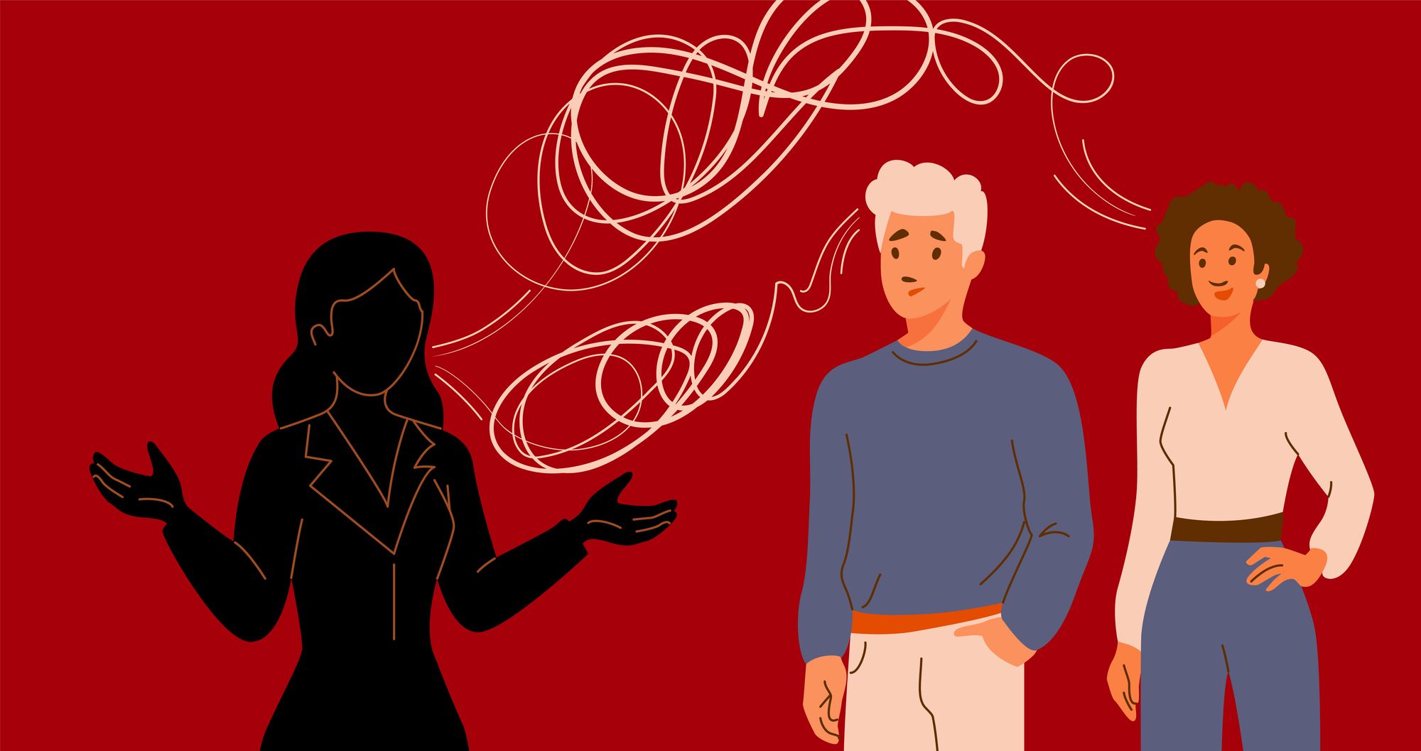 嘘の言説を言いふらす女性とそれに困る男性