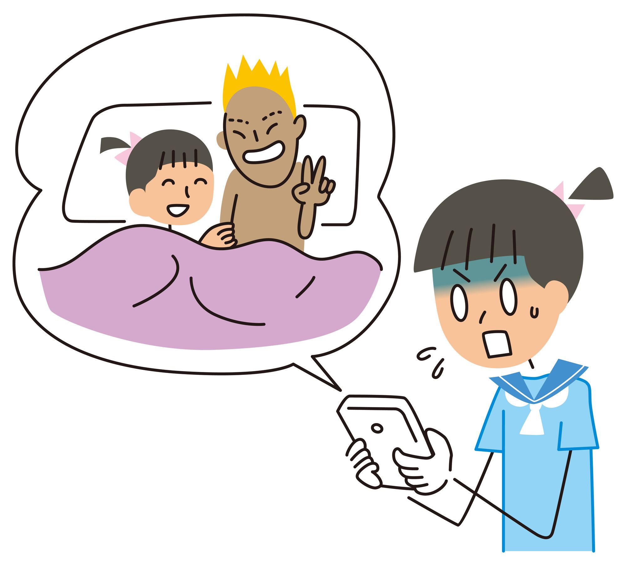 共有されたスマホの性的な画像を見て青ざめる少女