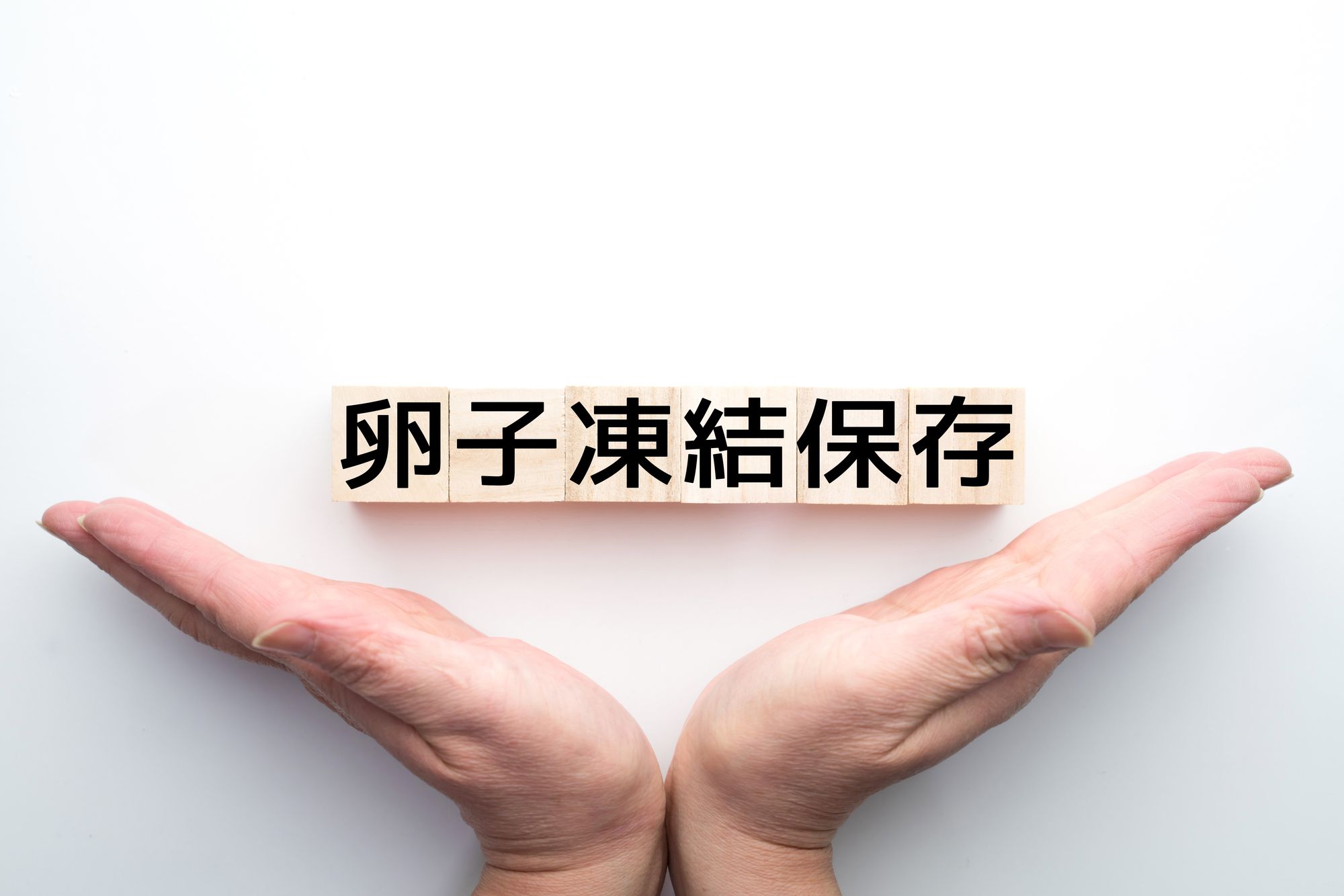 卵子凍結保存のブロックを手のひらで包む女性の手