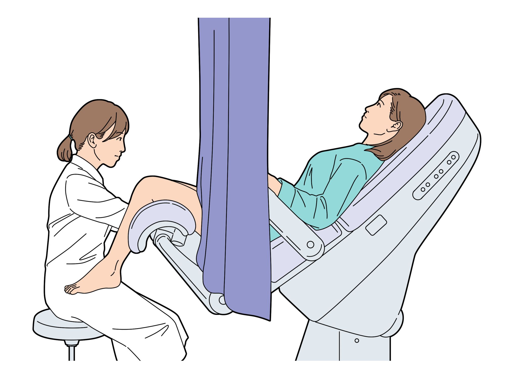 内診台で診察する女性医師と女性患者のイラスト