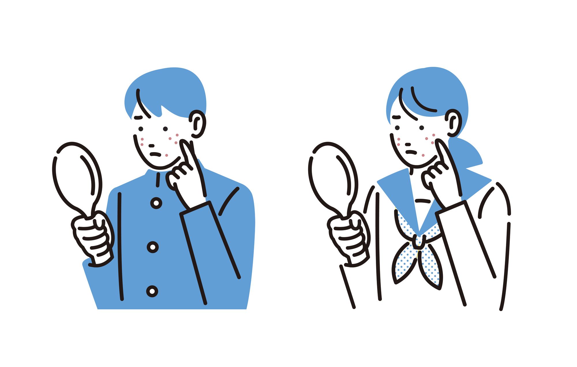 ニキビが気になって鏡をみる男子学生と女子学生のイラスト